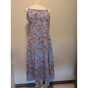 Pact Light Blue Floral Fit and Flare Midi Dress w/ Orange Flowers Orangic Cotton